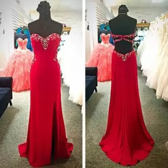 Most Popular Red Sleeveless Sweep Train Beading Homecoming Party Dress