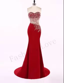 Simple Red Sweetheart Side Zipper Beading Prom Party Dress Sweep Train Sleeveless