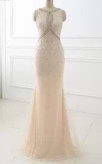 Unique Champagne Clasp Handle Scoop Beading Prom Homecoming Dress Tulle Sleeveless Sweep Train