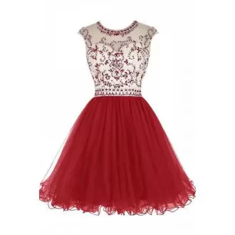 Wine Red Sleeveless Mini Length Beading Scoop Prom Dress
