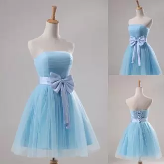 Stunning Mini Length Light Blue Homecoming Dresses Tulle Sleeveless Sashes ribbons and Bowknot