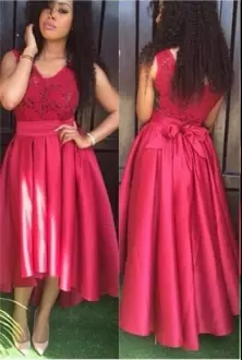 Most Popular Coral Red Satin V-neck Sleeveless High Low Dress for Prom Lace