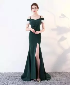 Cheap Sleeveless Floor Length Ruching Prom Party Dress with Dark Green Brush Train