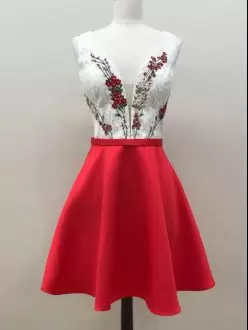 Stylish Red Homecoming Dress Prom and Party and Military Ball with Lace and Appliques V-neck Sleeveless