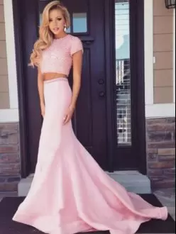 Flirting Floor Length Zipper Prom Gown Pink for Prom and Party and Military Ball with Beading