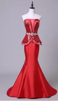 Red Satin Zipper Homecoming Dress Sleeveless Sweep Train Sequins