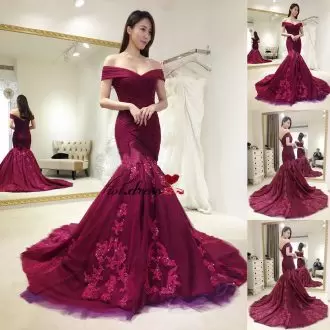 Burgundy Juniors Evening Dress Tulle Court Train Sleeveless Beading and Lace and Appliques