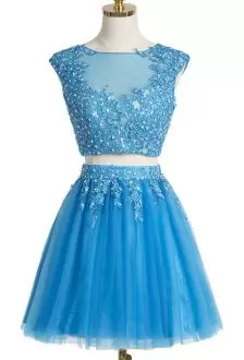 Chic Turquoise Two Pieces Beading and Appliques Prom Gown Zipper Tulle Sleeveless Mini Length