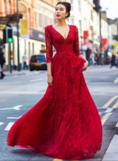 Clearance Red Prom Evening Gown Sweep Train 3 4 Length Sleeve Lace