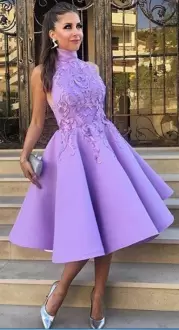 High-neck Sleeveless Dress for Prom Tea Length Appliques Purple Satin