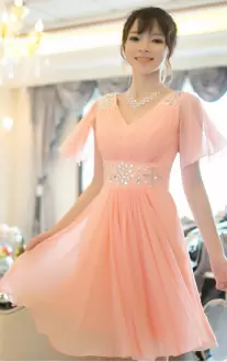 Traditional Peach Sleeveless Knee Length Beading Zipper Homecoming Dress Online V-neck