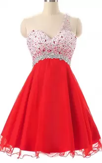 Red One Shoulder Neckline Beading Dress for Prom Sleeveless Backless