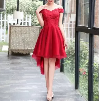 Fashion High Low Red Dress for Prom Tulle Sleeveless Appliques