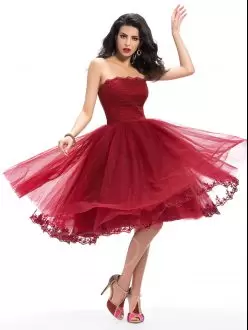 Modern Burgundy Zipper Strapless Appliques Homecoming Party Dress Tulle