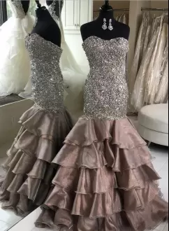 Shining Grey Lace Up Sweetheart Beading and Ruffled Layers Prom Evening Gown Sleeveless