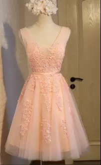V-neck Sleeveless Backless Evening Dress Peach Tulle Lace and Appliques