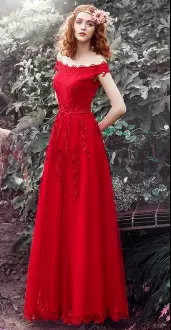 On Sale Red Empire Beading and Lace Homecoming Gowns Lace Up Satin and Tulle Sleeveless Floor Length