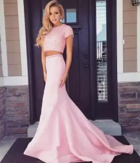 Gorgeous Pink Short Sleeves Beading Lace Up Scoop Prom Dress