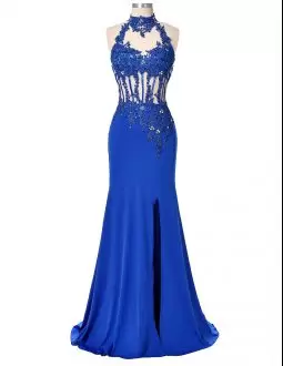 Fitted Mermaid Royal Blue High-neck Backless High Slit Prom Gown Illusion Halter Top with Appliques