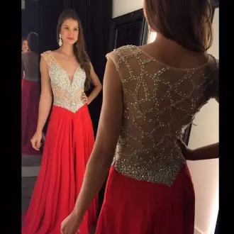 Unique Red Deep V Neck Beaded Bodice See Throuh Homecoming Gowns with Cap Sleeves Side Zipper
