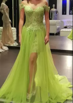 Sweep Train A-line Prom Dress Green Sweetheart Satin and Organza and Tulle Sleeveless Floor Length Lace Up