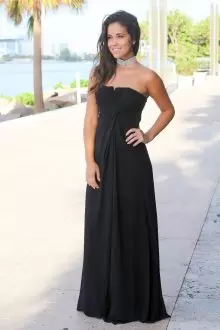 Simple Black Strapless Ruching Chiffon Long Prom Dress under 100