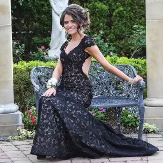 Black V-neck Backless Lace Homecoming Dress Court Train Cap Sleeves