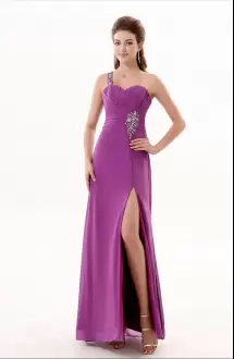 Fuchsia A-line One Shoulder Sleeveless Chiffon Floor Length Lace Up Beading Prom Party Dress