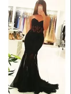 Black Mermaid Tulle Sweetheart Sleeveless Beading Lace Up Dress for Prom Sweep Train