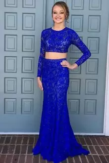Beading Prom Gown Royal Blue Backless Long Sleeves Floor Length