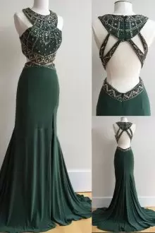 Green Chiffon Backless Dress for Prom Sleeveless With Train Beading and Ruching