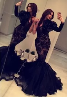 Black Lace Up Evening Dress Lace and Ruffles Long Sleeves Floor Length