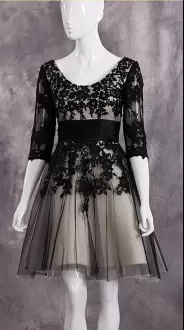 Vintage Black Lace Up Scoop Appliques Prom Evening Gown Tulle Half Sleeves