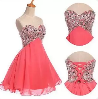 Coral Red Chiffon Short Knee Length Beaded Sweetheart Homecoming Dress Under 100