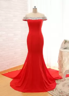 Best Sleeveless Beading Side Zipper Prom Party Dress with Red Sweep Train