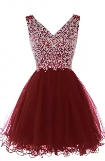 Latest Wine Red Sleeveless Beading Mini Length Prom Party Dress