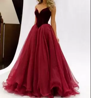 Colorful Sleeveless Organza and Tulle Floor Length Lace Up Evening Dress in Red with Ruching