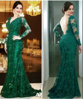 Green Evening Dress Prom and Party with Appliques V-neck Long Sleeves Sweep Train Backless