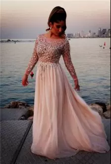 Baby Pink A-line Scoop Long Sleeves Chiffon Floor Length Sweep Train Side Zipper Beading Prom Dresses