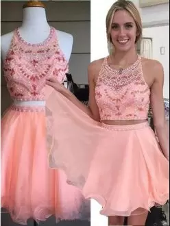 Captivating Pink and Peach Two Pieces Tulle Scoop Sleeveless Beading Mini Length Homecoming Dress