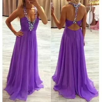 Purple Sleeveless Chiffon Brush Train Backless for Prom and Party
