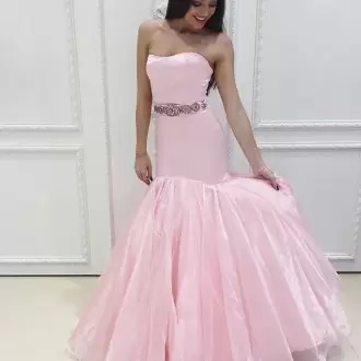 Pink Strapless Neckline Belt Sleeveless Lace Up Prom Dress