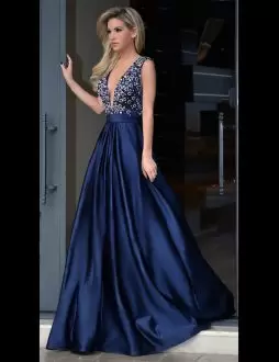 Wonderful Floor Length Backless Dress for Prom Blue for Prom and Party with Beading and Lace Sweep Train