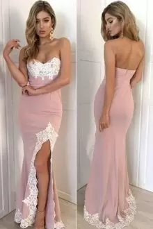 Pink Zipper Evening Dress Lace Sleeveless Floor Length