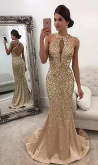 Eye-catching Yellow Mermaid Beading and Lace Prom Evening Gown Zipper Satin Sleeveless Floor Length