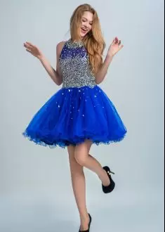 Custom Fit Mini Length Royal Blue Prom Dresses Scoop Sleeveless Backless