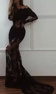 Fancy Floor Length Mermaid Long Sleeves Black Dress for Prom Sweep Train Lace Up