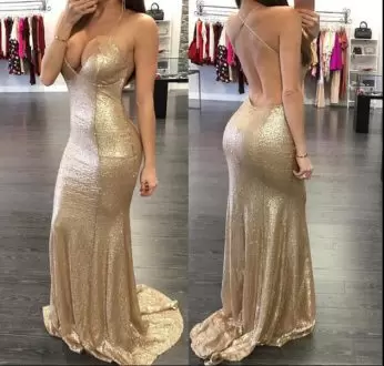 Traditional Gold Backless Spaghetti Straps Sleeveless Prom Dress Sweep Train Sequins