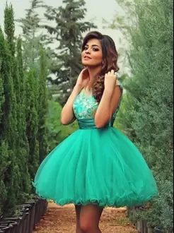 Exceptional Halter Top Sleeveless Lace Up Prom Gown Apple Green Satin Beading and Lace