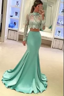 Sexy High-neck Long Sleeves Sweep Train Lace Up Prom Dress Apple Green Satin Lace